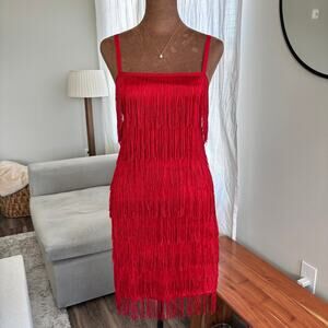 Unique Vintage Red Fringed Flapper Style Cocktail Party Dress Size Small
